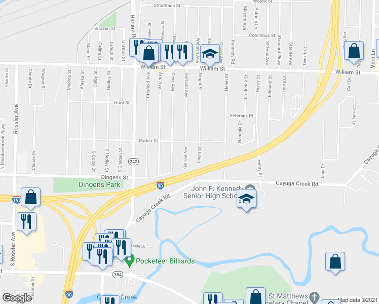 map of restaurants, bars, coffee shops, grocery stores, and more near 75 Garland Avenue in Buffalo