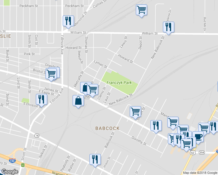 map of restaurants, bars, coffee shops, grocery stores, and more near 119 Fleming Street in Buffalo
