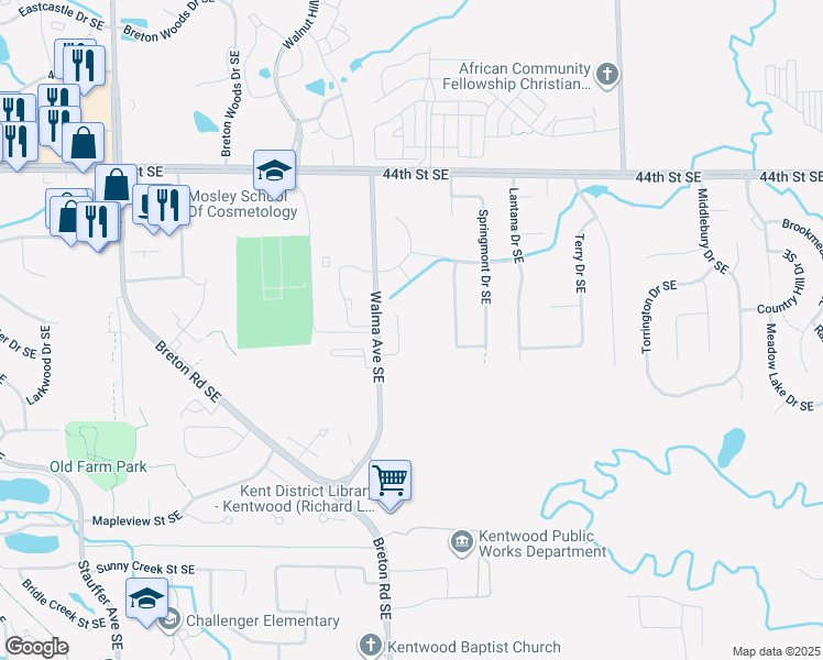 map of restaurants, bars, coffee shops, grocery stores, and more near 4624 Walma Avenue Southeast in Kentwood