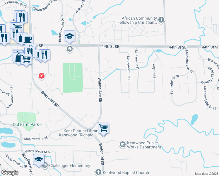 map of restaurants, bars, coffee shops, grocery stores, and more near 4624 Walma Avenue Southeast in Kentwood