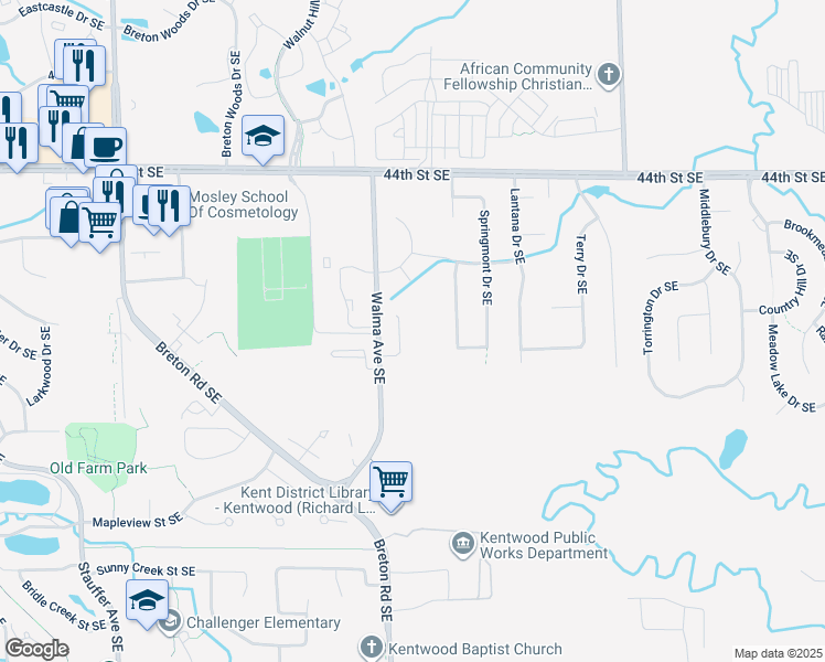 map of restaurants, bars, coffee shops, grocery stores, and more near 4624 Walma Avenue Southeast in Kentwood