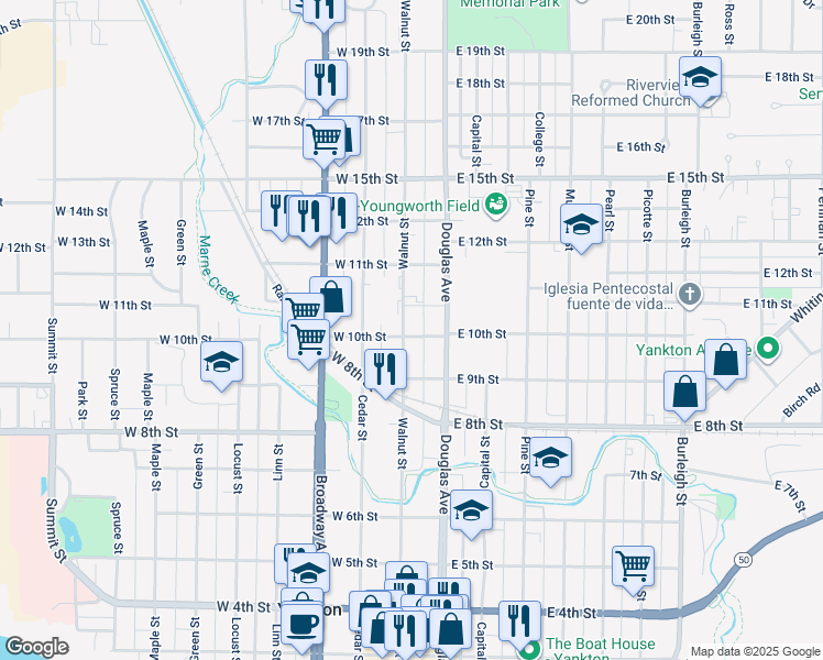 map of restaurants, bars, coffee shops, grocery stores, and more near 1000 Walnut Street in Yankton