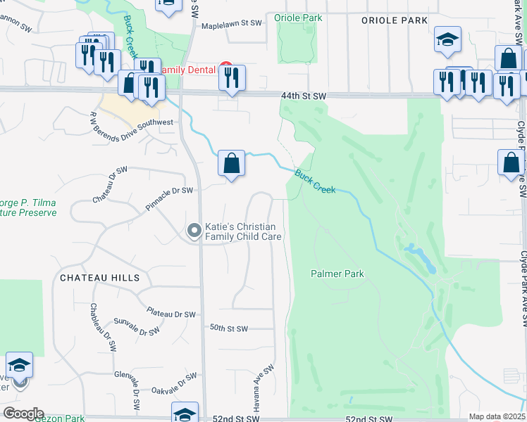 map of restaurants, bars, coffee shops, grocery stores, and more near 4704 Grenadier Drive Southwest in Wyoming