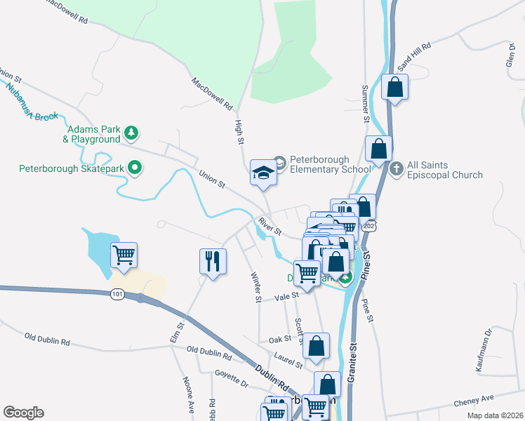 map of restaurants, bars, coffee shops, grocery stores, and more near 1 Vine Street in Peterborough
