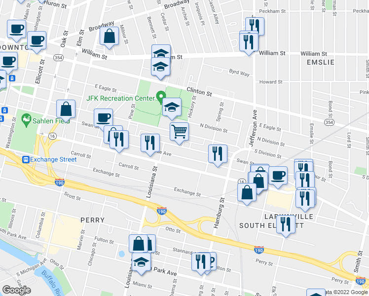 map of restaurants, bars, coffee shops, grocery stores, and more near 437 Swan Street in Buffalo