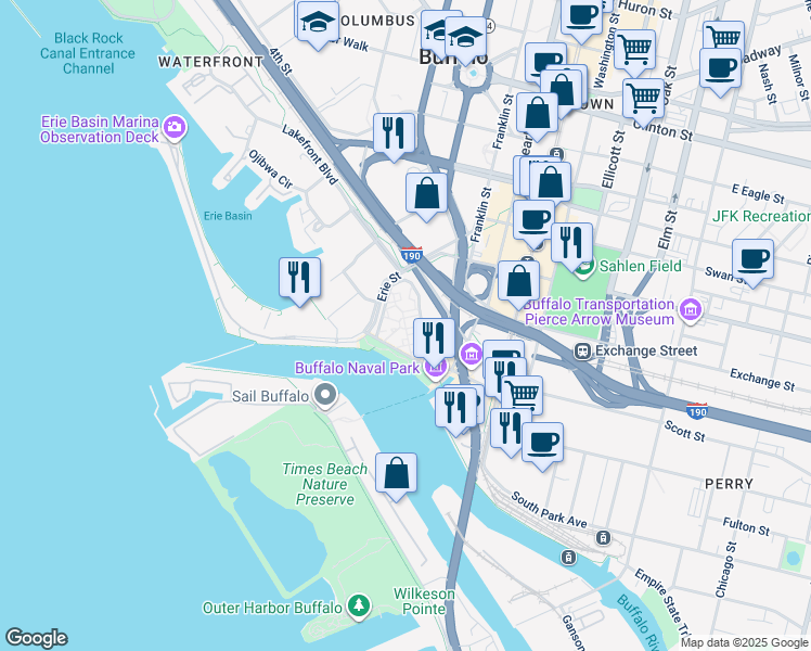 map of restaurants, bars, coffee shops, grocery stores, and more near 161 Marine Drive in Buffalo