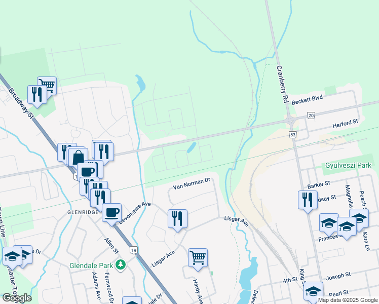 map of restaurants, bars, coffee shops, grocery stores, and more near 58-98 North Street East in Tillsonburg