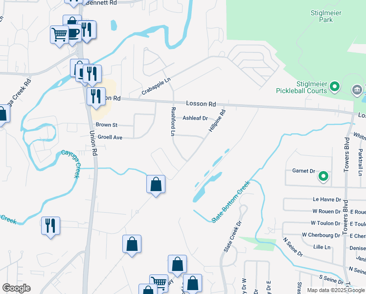 map of restaurants, bars, coffee shops, grocery stores, and more near 63 Rushford Lane in Buffalo