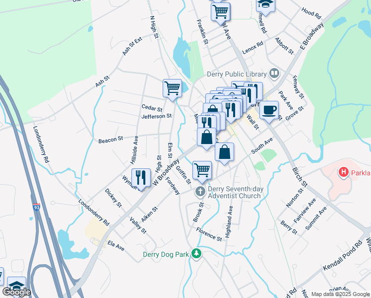 map of restaurants, bars, coffee shops, grocery stores, and more near 41 West Broadway in Derry