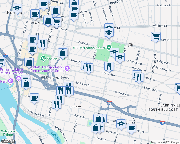map of restaurants, bars, coffee shops, grocery stores, and more near 290 Seneca Street in Buffalo