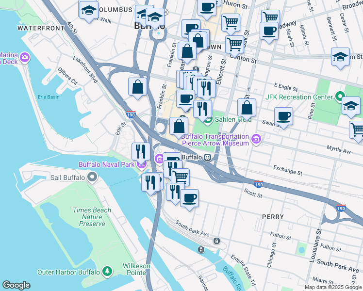 map of restaurants, bars, coffee shops, grocery stores, and more near 15 Exchange Street in Buffalo