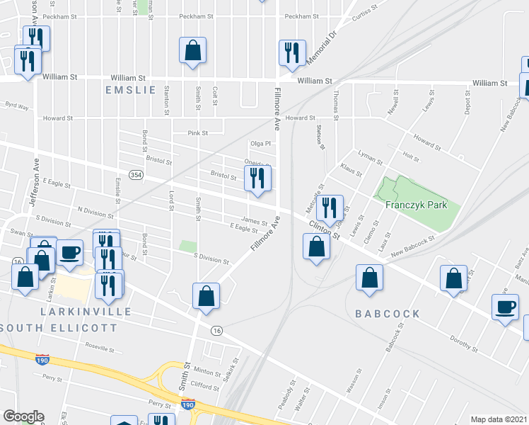 map of restaurants, bars, coffee shops, grocery stores, and more near 931 Clinton Street in Buffalo