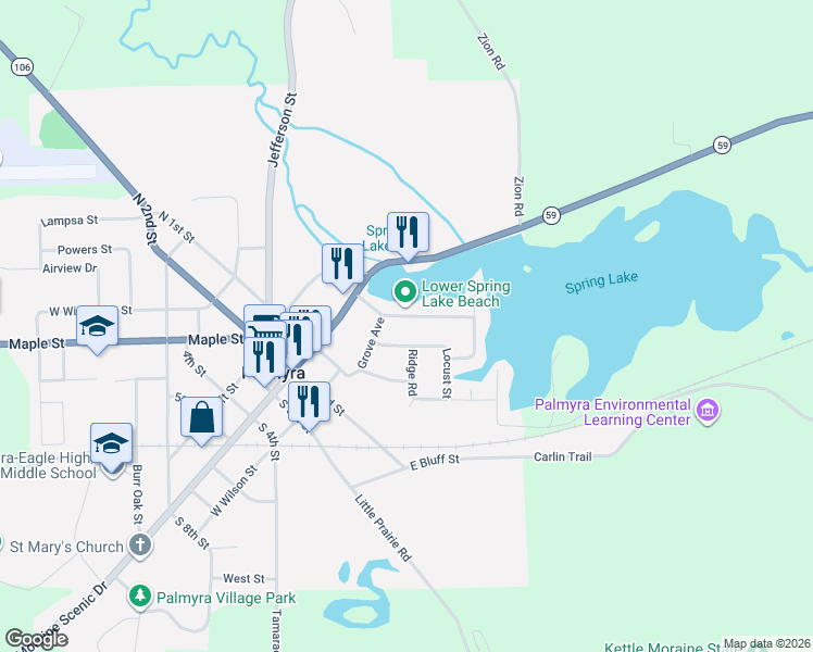 map of restaurants, bars, coffee shops, grocery stores, and more near 327 Anemone Avenue in Palmyra