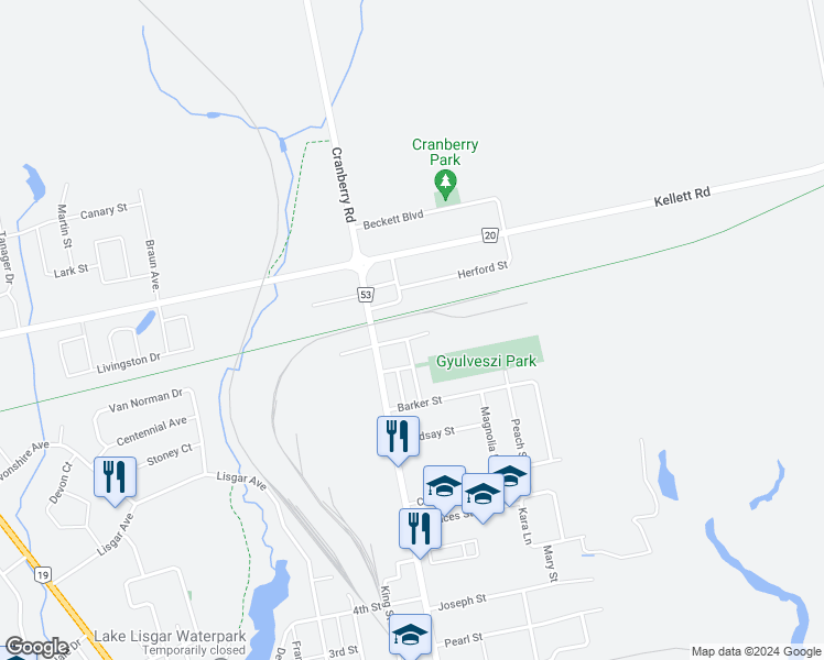 map of restaurants, bars, coffee shops, grocery stores, and more near 14 Clarke Street East in Tillsonburg