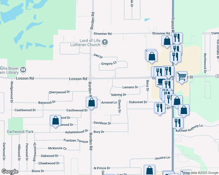 map of restaurants, bars, coffee shops, grocery stores, and more near 24 Sebring Drive in Depew