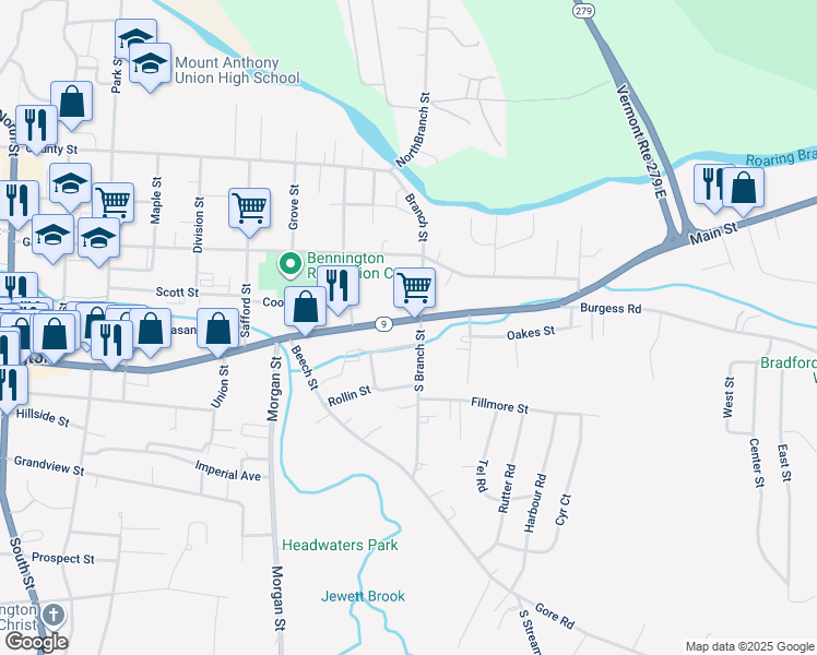 map of restaurants, bars, coffee shops, grocery stores, and more near 815 Main Street in Bennington