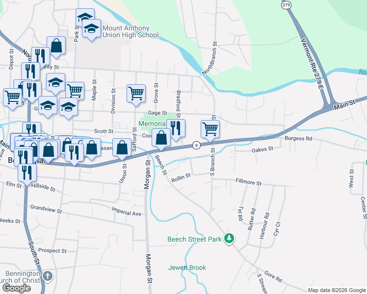 map of restaurants, bars, coffee shops, grocery stores, and more near 755 Main Street in Bennington