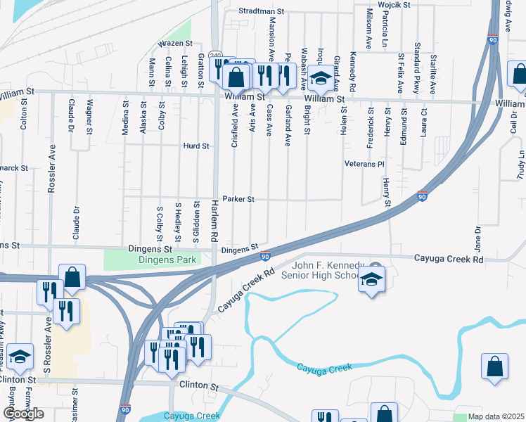 map of restaurants, bars, coffee shops, grocery stores, and more near 94 Cass Avenue in Buffalo