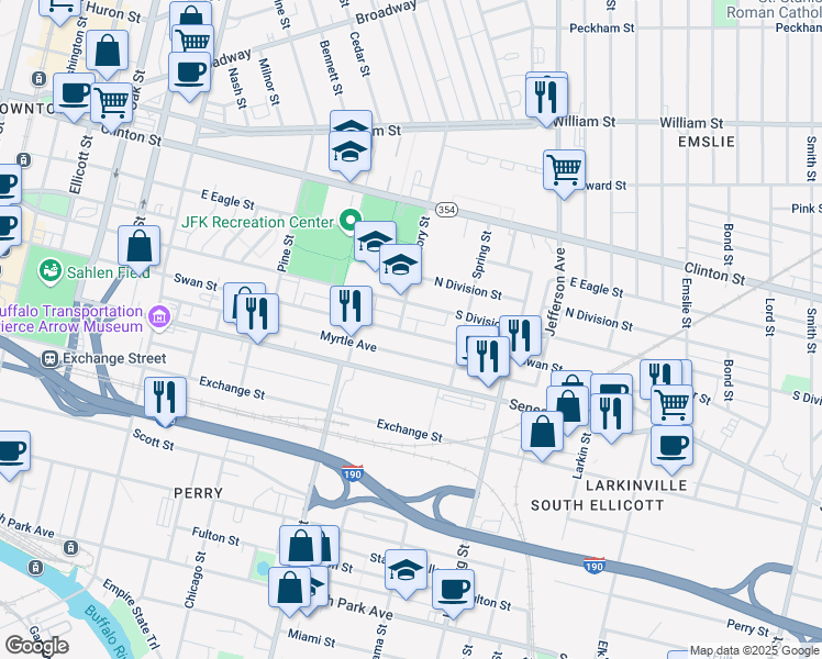 map of restaurants, bars, coffee shops, grocery stores, and more near 437 Swan Street in Buffalo