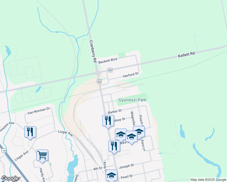 map of restaurants, bars, coffee shops, grocery stores, and more near 14 Clarke Street East in Tillsonburg