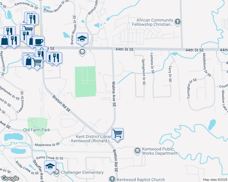 map of restaurants, bars, coffee shops, grocery stores, and more near 4655 Walma Avenue Southeast in Grand Rapids