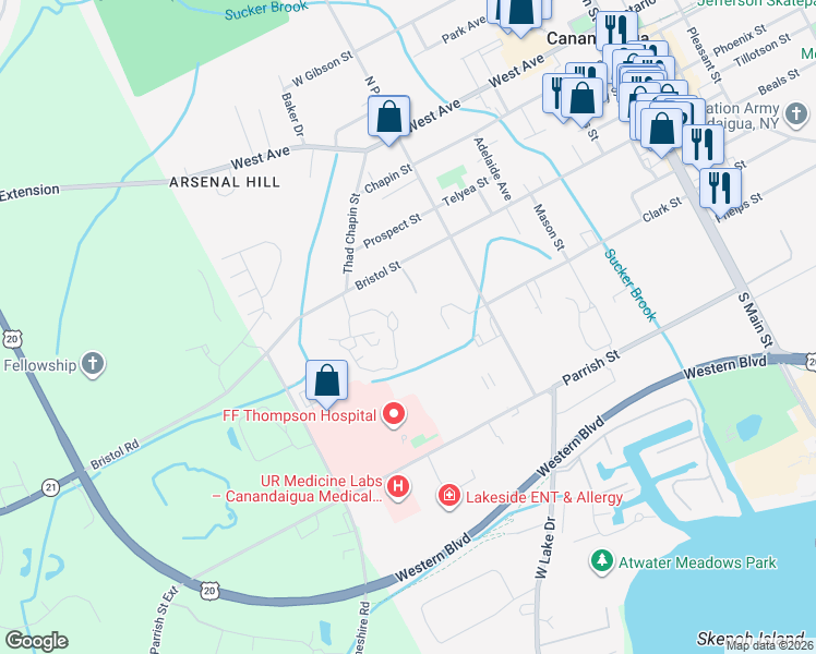 map of restaurants, bars, coffee shops, grocery stores, and more near 100 Grove Drive in Canandaigua