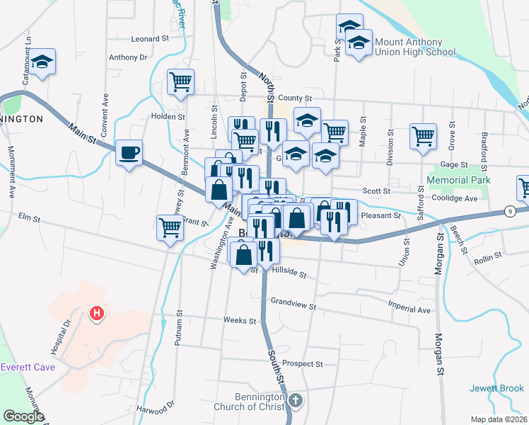 map of restaurants, bars, coffee shops, grocery stores, and more near in Bennington