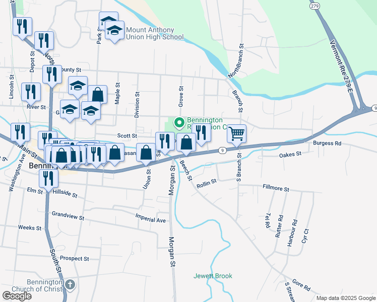 map of restaurants, bars, coffee shops, grocery stores, and more near 737 Main Street in Bennington