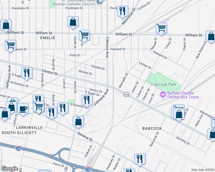 map of restaurants, bars, coffee shops, grocery stores, and more near Clinton St & N Fillmore Ave in Buffalo