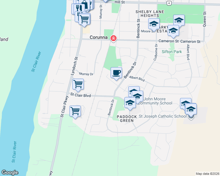 map of restaurants, bars, coffee shops, grocery stores, and more near 232 Oak Court in Corunna