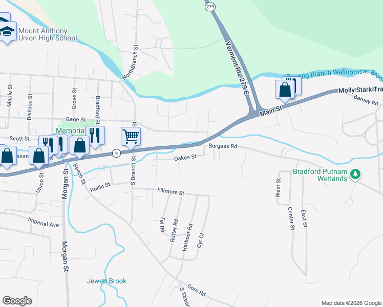 map of restaurants, bars, coffee shops, grocery stores, and more near 103 Oakes Street in Bennington