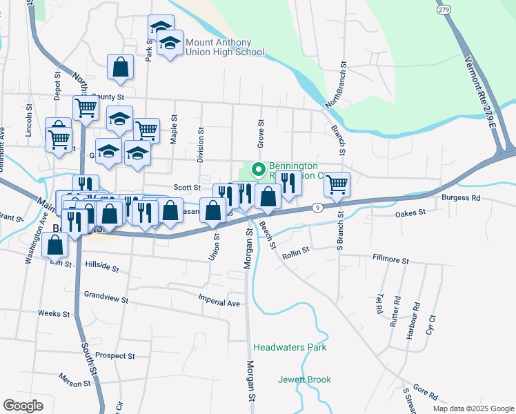 map of restaurants, bars, coffee shops, grocery stores, and more near 716 Main Street in Bennington