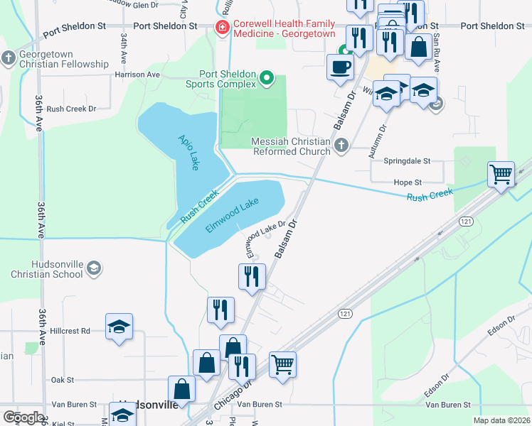 map of restaurants, bars, coffee shops, grocery stores, and more near 1-46 Balsam Drive in Hudsonville