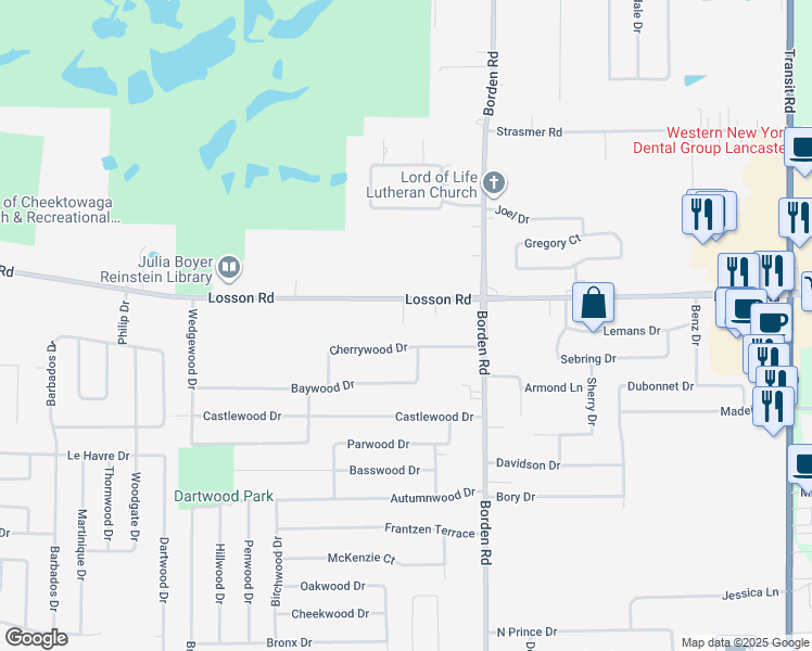 map of restaurants, bars, coffee shops, grocery stores, and more near 46 Cherrywood Drive in Buffalo