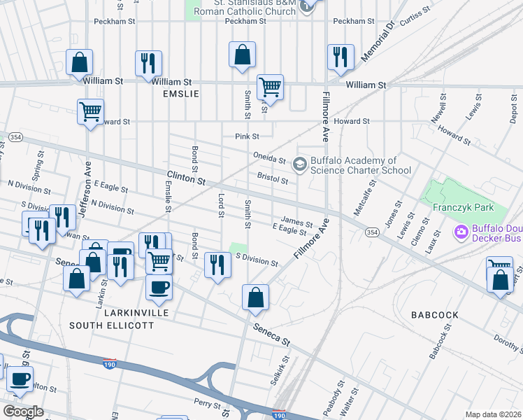 map of restaurants, bars, coffee shops, grocery stores, and more near 866 East Eagle Street in Buffalo
