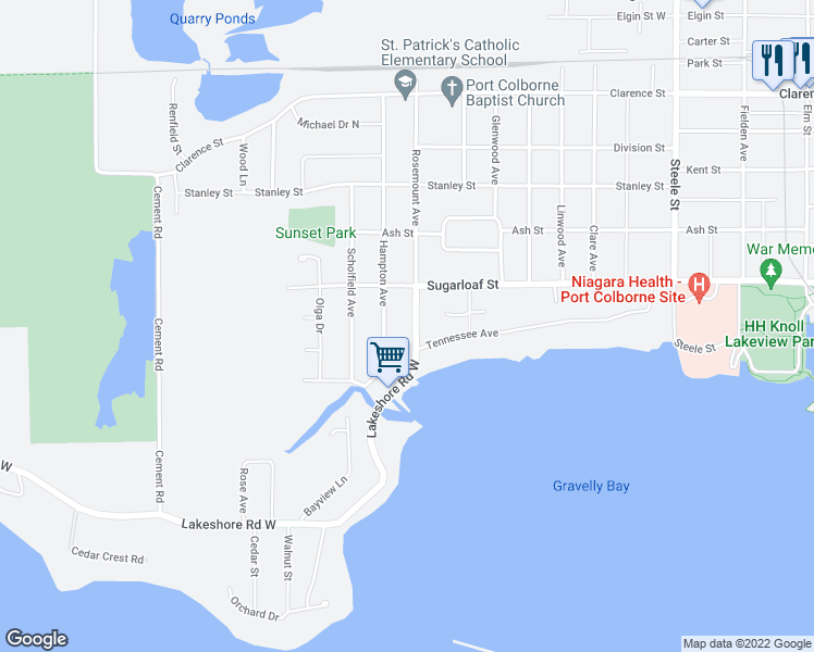 map of restaurants, bars, coffee shops, grocery stores, and more near 46 Rosemount Avenue in Port Colborne