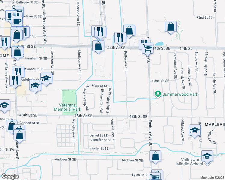 map of restaurants, bars, coffee shops, grocery stores, and more near 4673 Flying Eagle Drive Southeast in Kentwood