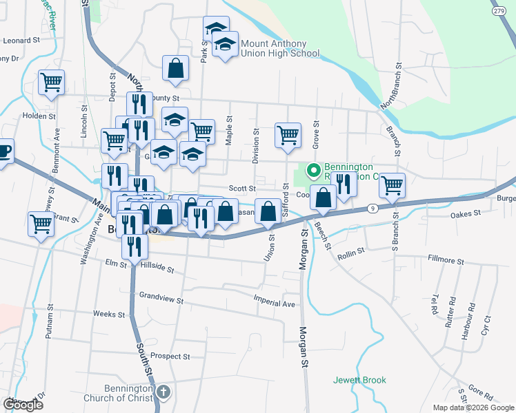 map of restaurants, bars, coffee shops, grocery stores, and more near 330 Pleasant Street in Bennington