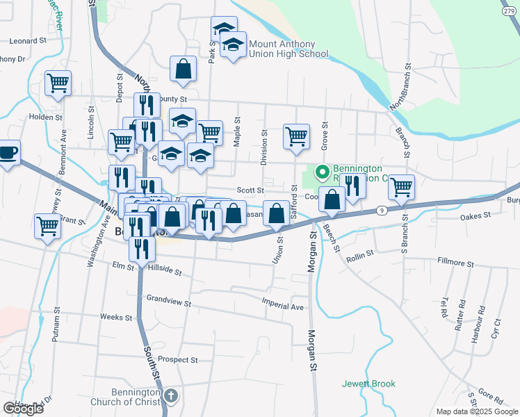 map of restaurants, bars, coffee shops, grocery stores, and more near 330 Pleasant Street in Bennington