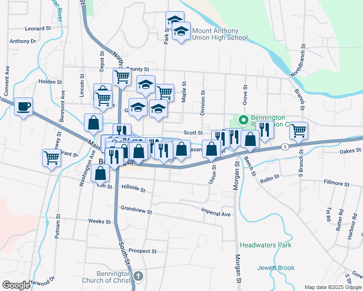 map of restaurants, bars, coffee shops, grocery stores, and more near 315 Pleasant Street in Bennington