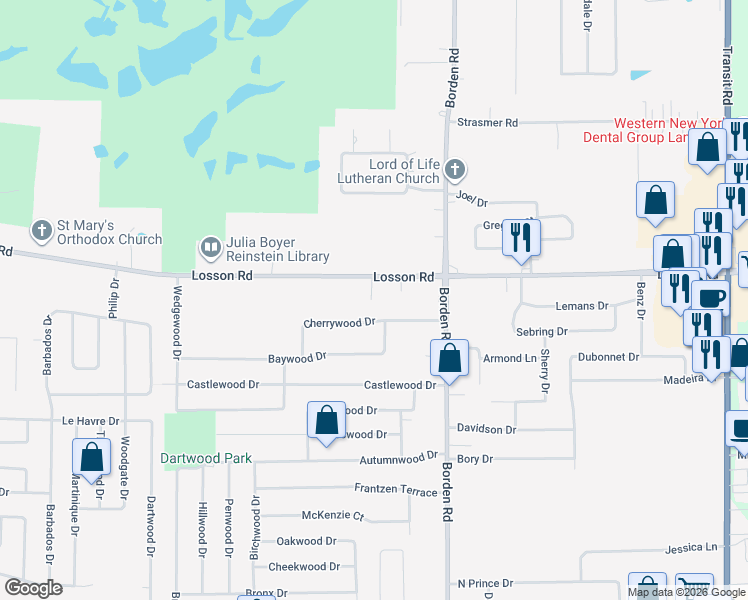 map of restaurants, bars, coffee shops, grocery stores, and more near 46 Cherrywood Drive in Buffalo