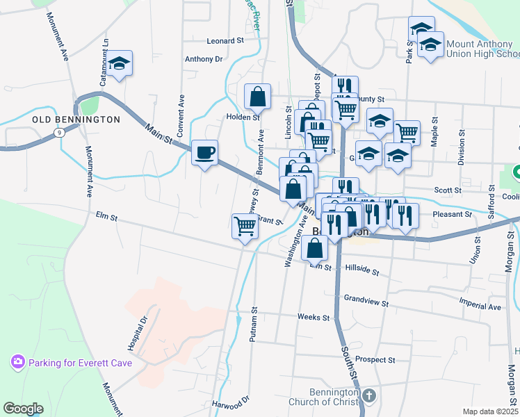 map of restaurants, bars, coffee shops, grocery stores, and more near 106 Grant Street in Bennington