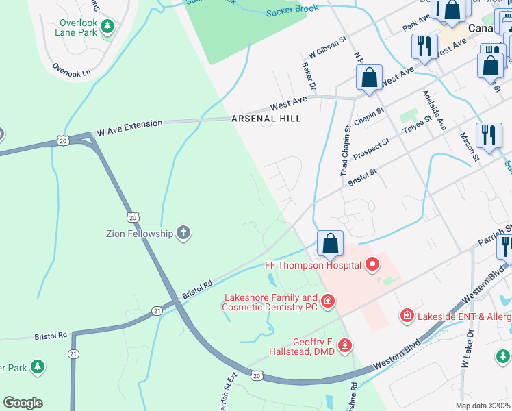 map of restaurants, bars, coffee shops, grocery stores, and more near 5100 Bristol Road in Canandaigua