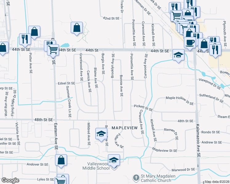map of restaurants, bars, coffee shops, grocery stores, and more near 4663 Bonnie Avenue Southeast in Kentwood