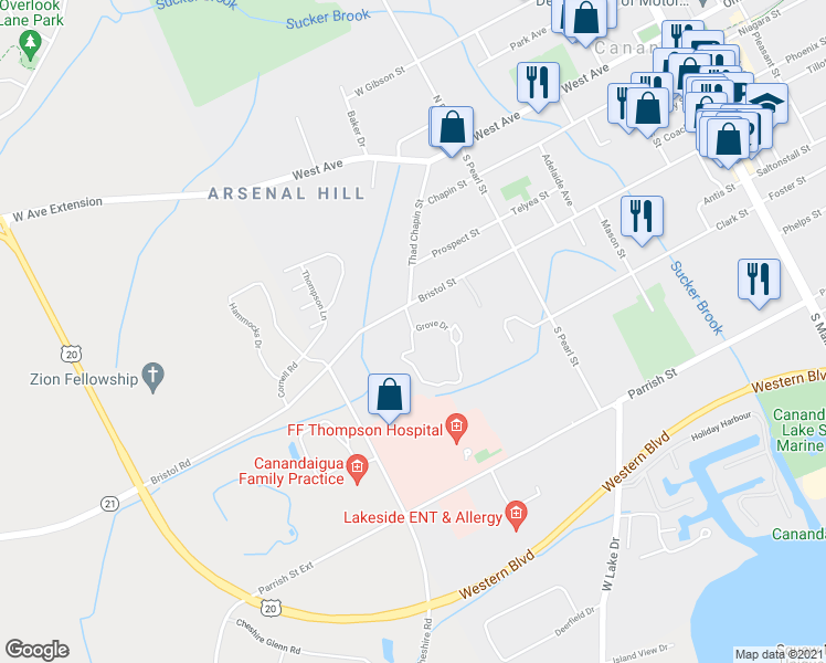 map of restaurants, bars, coffee shops, grocery stores, and more near 125 Grove Drive in Canandaigua