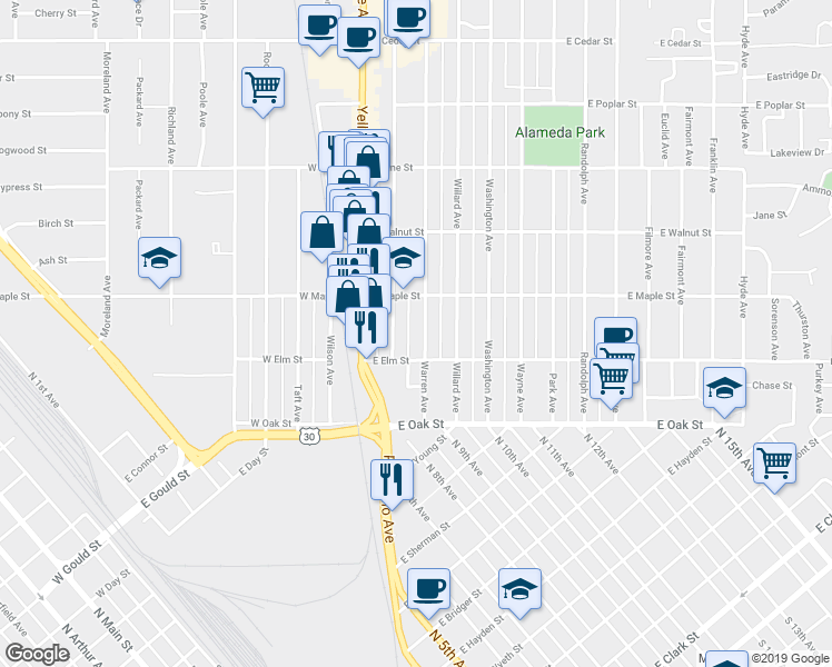 map of restaurants, bars, coffee shops, grocery stores, and more near 239 Warren Avenue in Pocatello