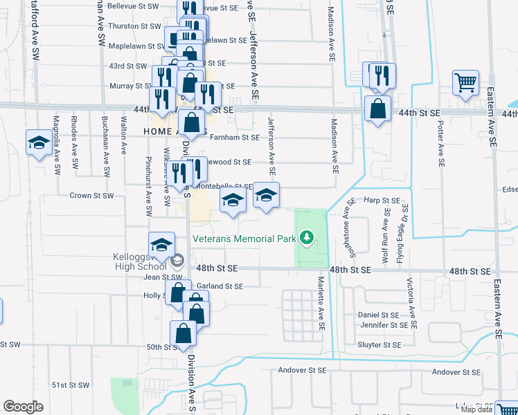 map of restaurants, bars, coffee shops, grocery stores, and more near 4656 Jefferson Avenue Southeast in Kentwood