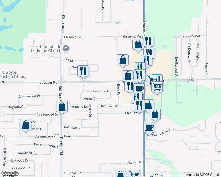 map of restaurants, bars, coffee shops, grocery stores, and more near 73 Lemans Drive in Depew