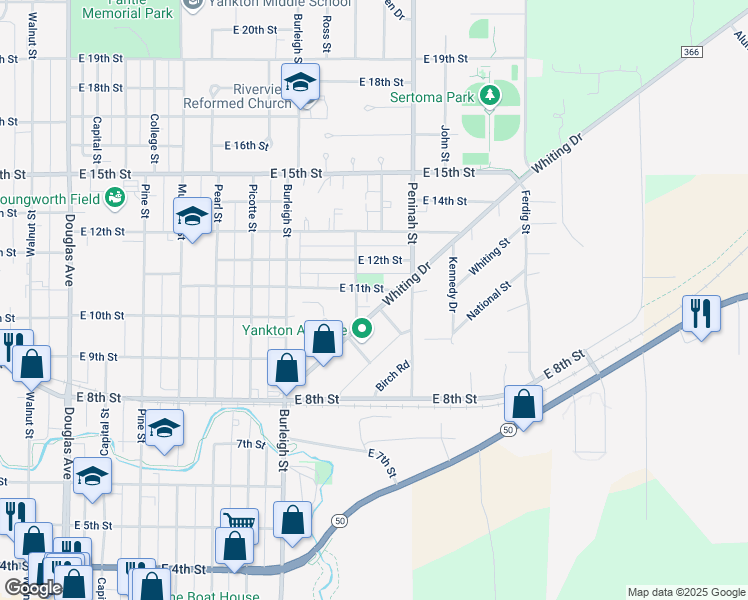 map of restaurants, bars, coffee shops, grocery stores, and more near 1008 Willow Lane in Yankton