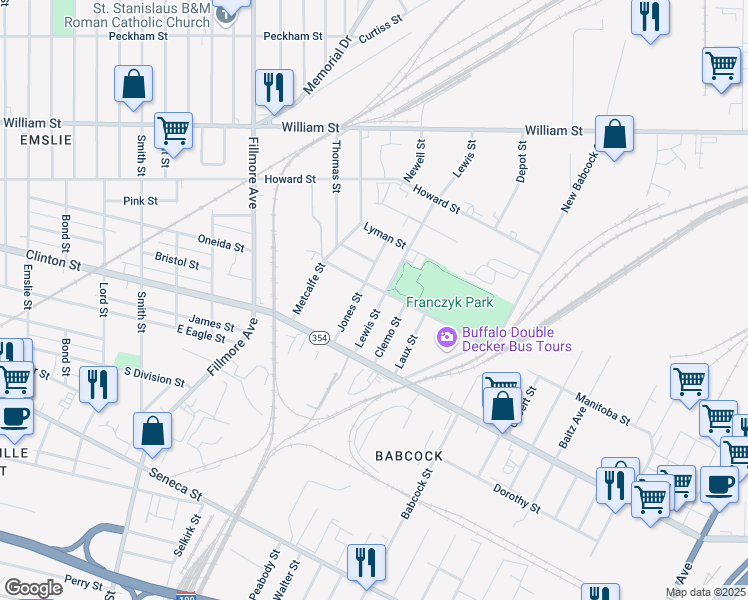 map of restaurants, bars, coffee shops, grocery stores, and more near 47 Lewis Street in Buffalo